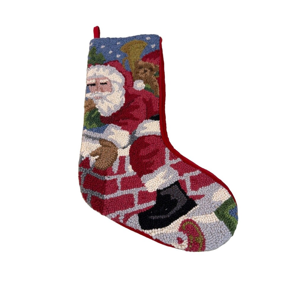 Vtg Wool Velvet Needlepoint Classic Christmas Stocking Santa Chimney 11 X 18”